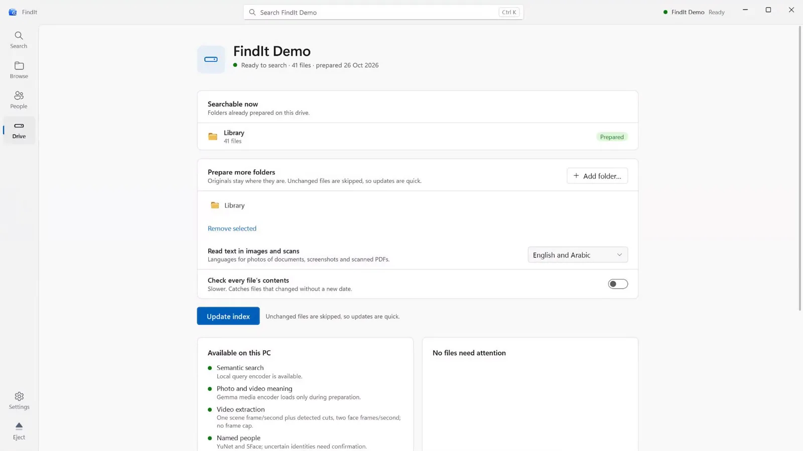 The FindIt app’s Drive page: a prepared library, ready to search, with its folders and the models available on this PC
